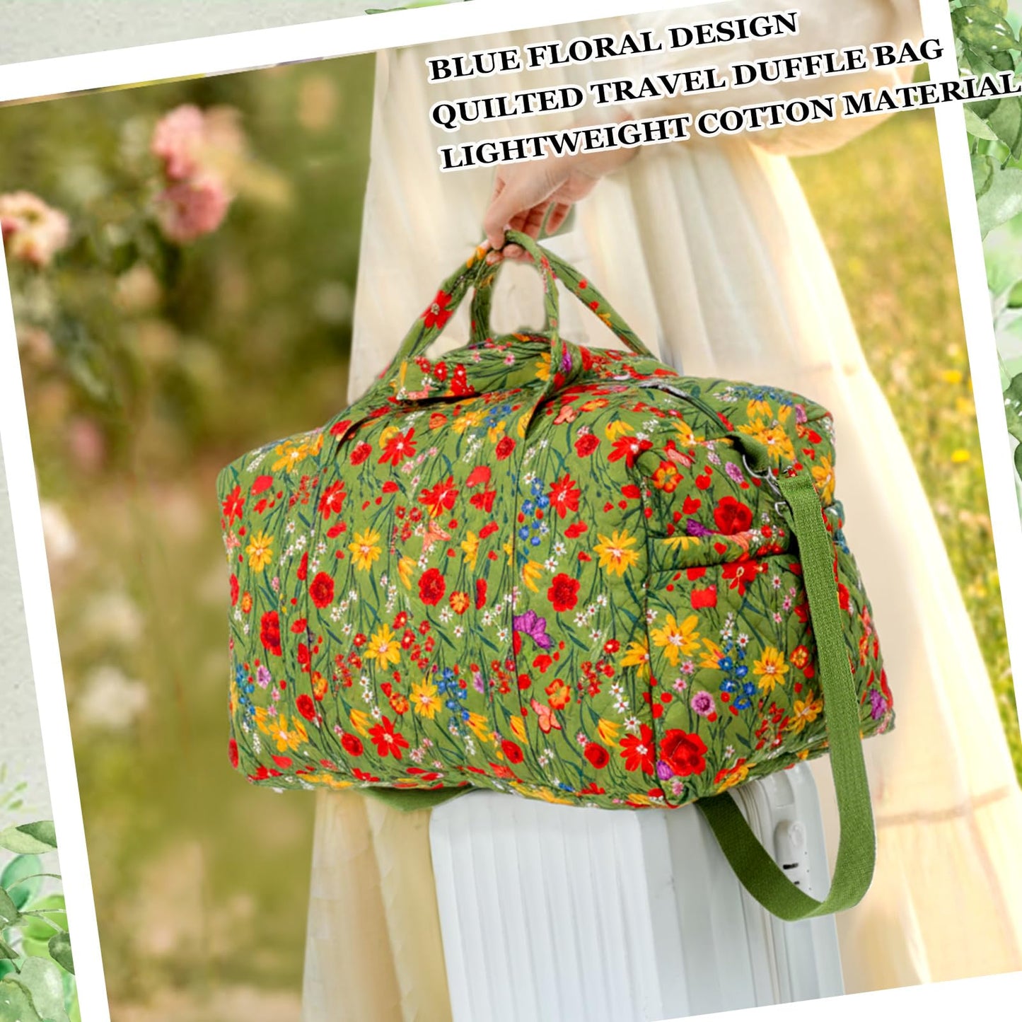Dansydaisy Large Quilted Travel Duffle Bag for Women Floral Portable Gym Weekender Bag with Zipper Pockets Workout Grocery Pouch Duffle Gift Pouch for Work(Yellow Green Grassland)