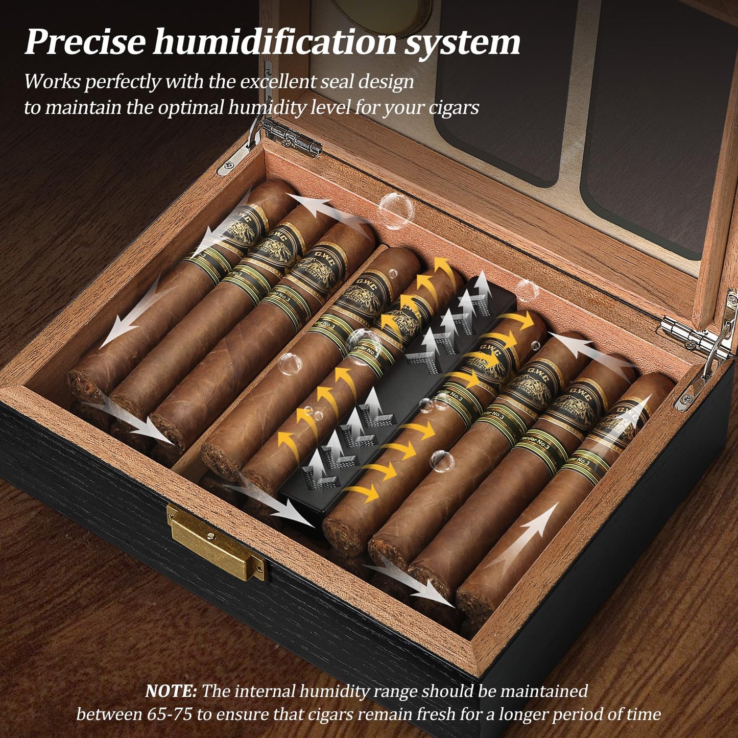Usewire Cigar Humidor, Glass Top Cedar Cigar Case, Cigar Box for 20-30 Cigars with Hygrometer, Humidifier, Desktop Cigar Humidor, Cigar Lovers Gift (Black)