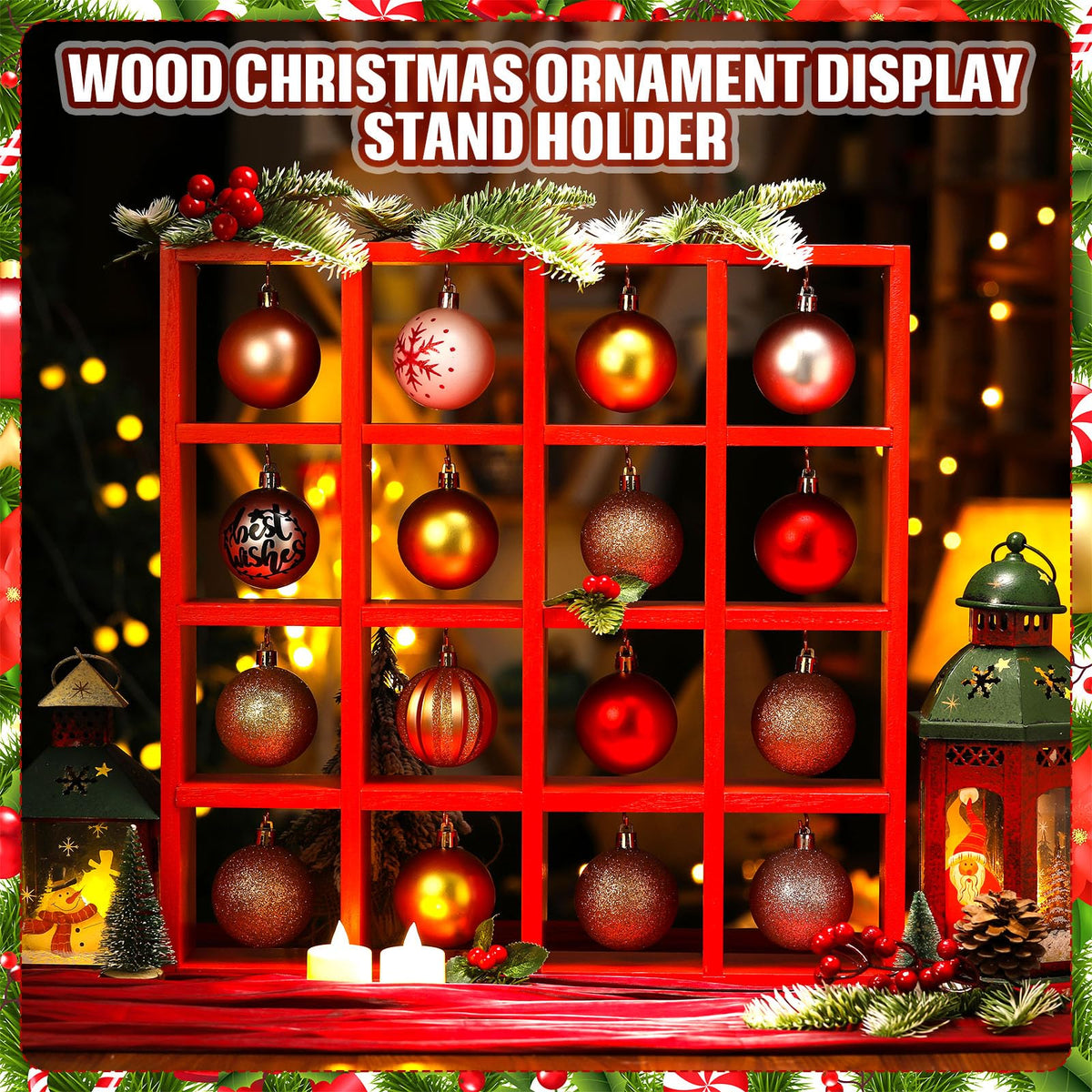 Cinnvoice Christmas Holiday Ornament Displays Rack Wooden Hanging Stand Holder Hanger for Christmas Ball Display Shelf Cabinet for Craft DIY Wall Decorations Gift(Red,16 Compartment)