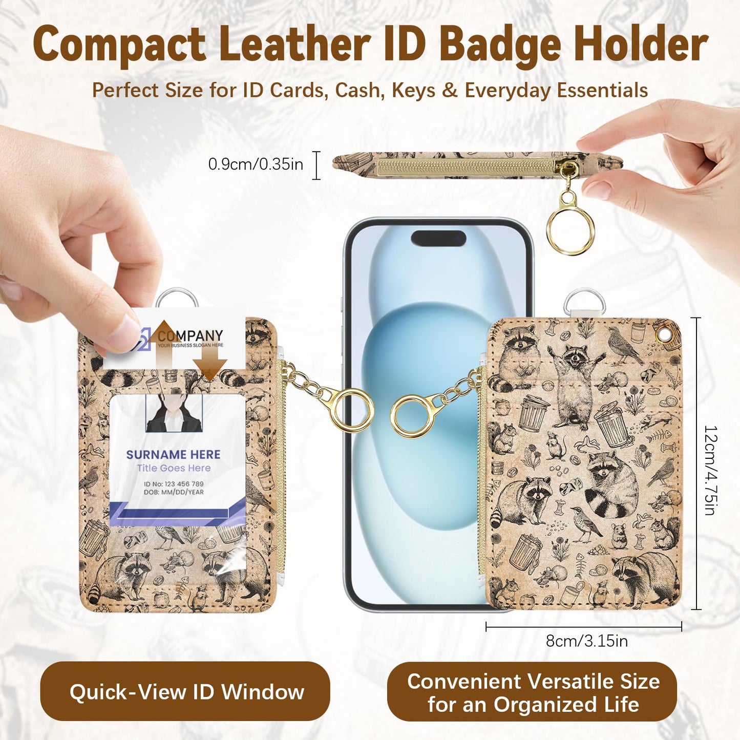 Leather Cute Badge Holder with Zipper Pocket, Raccoon Lanyards and 1 Zip Pocket and 4 Card Slots, Breakaway Lanyards with Metal Clasp for Offices, Staff, Adult, Employees