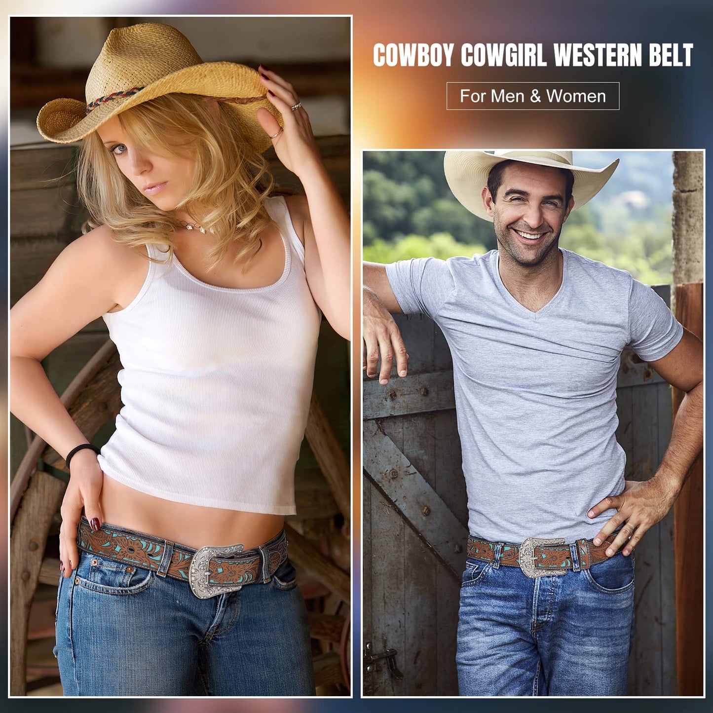 XZQTIVE Women Men Genuine Leather Belt Vintage Ladies Western Belt Engraved Tooled Leather Belt Cowboy Cowgirl Country Belt