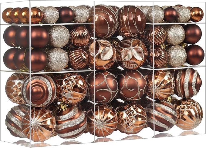 100Pcs Christmas Balls Ornaments Set, Shatterproof Christmas Decorations with Hand-held Gift Package for Xmas Tree/Holiday/Wedding/Holiday/Party Decor (Brown&Gold)