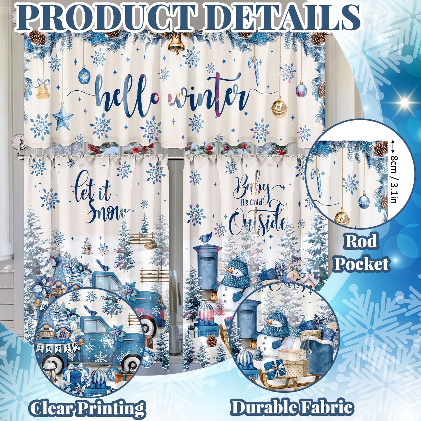 Breling 3 Pcs Winter Snowflake Kitchen Curtains Valances and Tiers Set for Windows Winter Snowman Gnome Gifts Pine Tree Decor Short Curtain Set for Bedroom Window Treatment Decor Party Supplies
