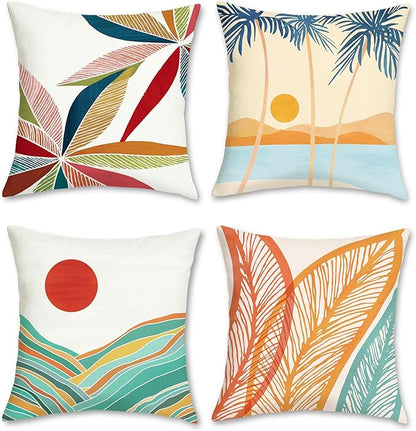 Bonhause Tropical Summer Pillow Covers 18x18 Set of 4 Beach Palm Tree Boho Decorative Throw Pillow Cases Soft Velvet Outdoor Pillow Covers for Patio Sofa Couch Bedroom Home Decor
