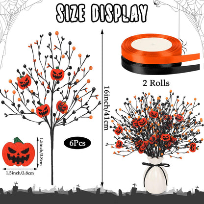 JUNEBRUSHS 6 Pcs Artificial Pumpkin Stems with Black Branches and 2 Roll Ribbons for Halloween Vase Bouquet Arrangement Wreath Table Centerpiece Home Party Decor