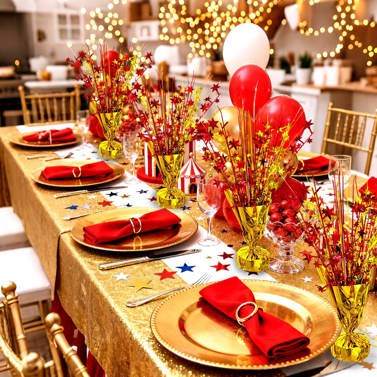 YinNorth 6 Pack Metallic Foil Spray Table Centerpiece Decoration Star Brust Glitter Table Topper Decor for Birthday Circus Casino Graduation Christmas New Year's Eve Party Supplies Red Gold