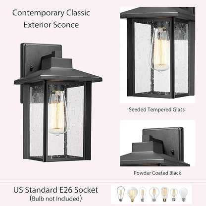 Bestshared Outdoor Wall Lights, Outside Sconce Light, Exterior Lighting Fixture, Outdoor Wall Lantern, Black Porch Lamp with Seeded Glass for Entryway, Garage (Black, 14.9" H)