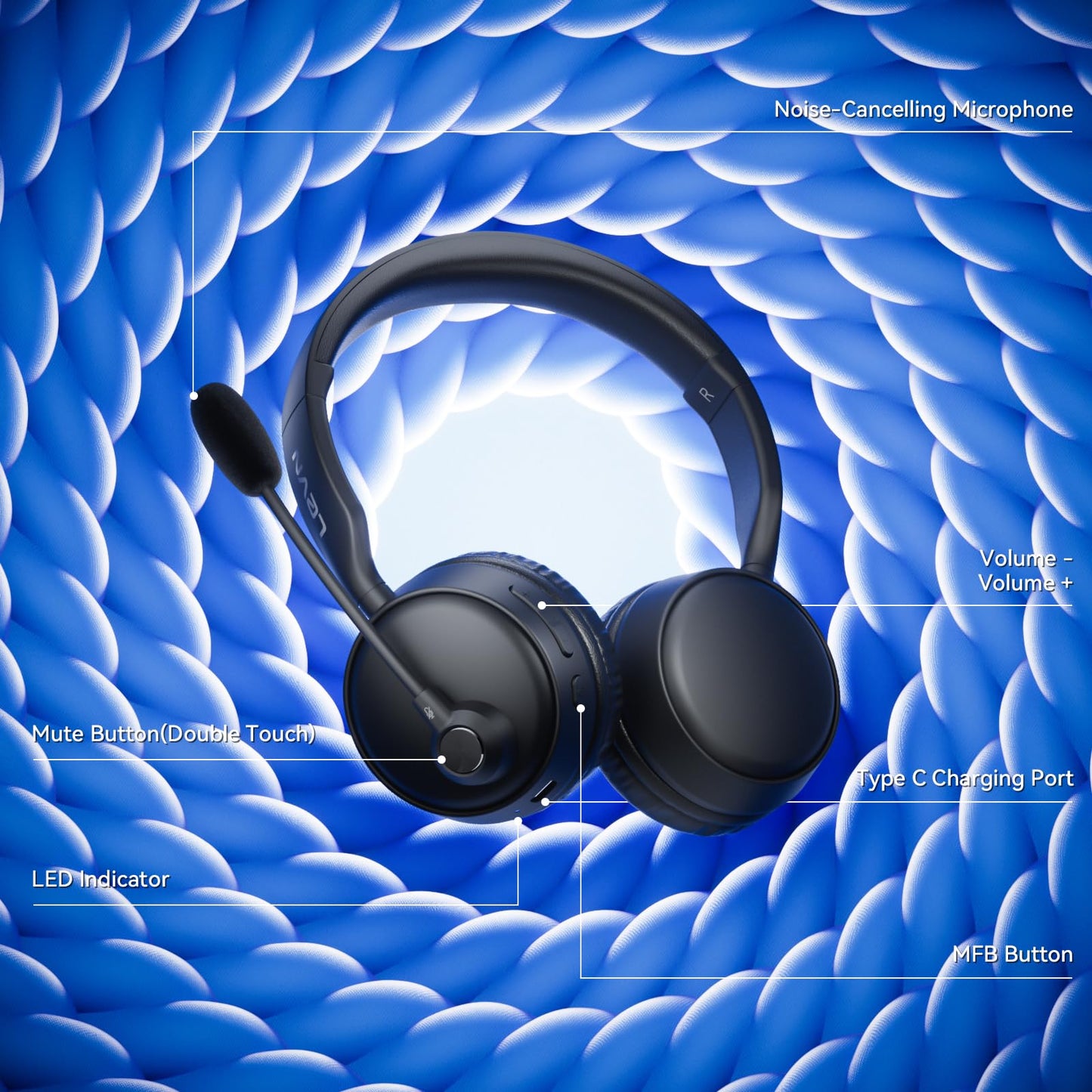 LEVN Bluetooth Headset with Microphone, Wireless Headset with Mic & Mute Button, 60 Hrs Working Time, Noise Cancelling Bluetooth Headphomes 5.3 Multipoint Connect to Cell Phone/Mobile/Laptop/Tablet/PC