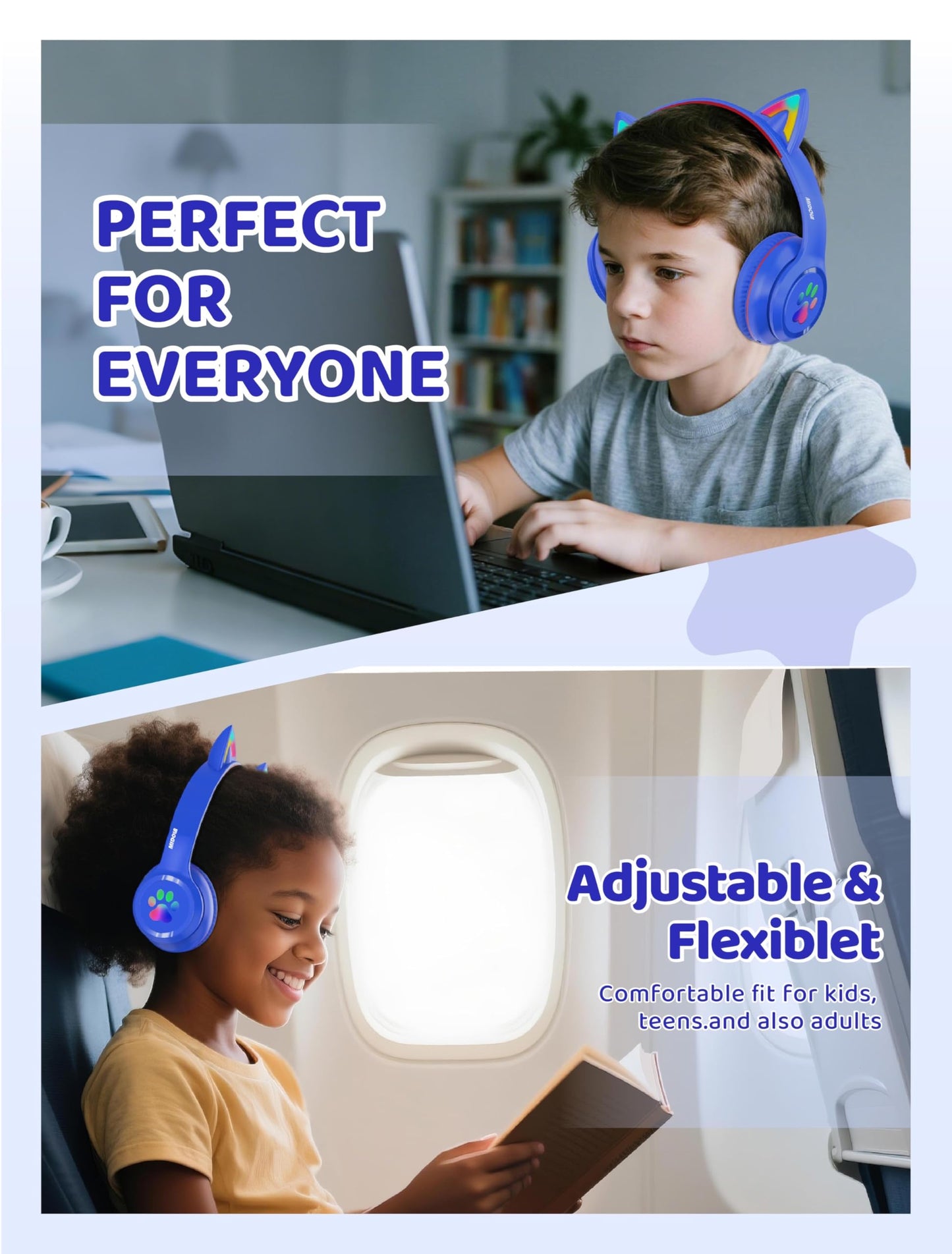 MIDOLA Kids Headphones Cat Ear Wireless Bluetooth 5.3 60H Over Ear, 8H with Led Light Foldable Headset with Aux 3.5mm Mic for Travel Pad Tablet Blue