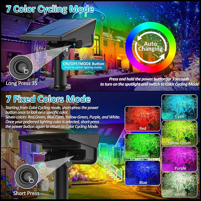 T-SUNUS Christmas Solar Color Landscape Spotlights Outdoor, IP65 Waterproof RGB Spot Light 2 Pack Auto Dusk to Dawn Landscaping Wall Lights for Tree Yard Garden Driveway Porch Walkway Pond Halloween