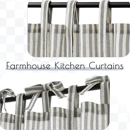 JINCHAN Tie Top Linen Kitchen Curtains 24 Inch Striped Tier Curtains Farmhouse Modern Cafe Style Small Window Treatments Airy Light Filtering Rod Pocket for Living Room Bathroom 2 Panels Charcoal Grey