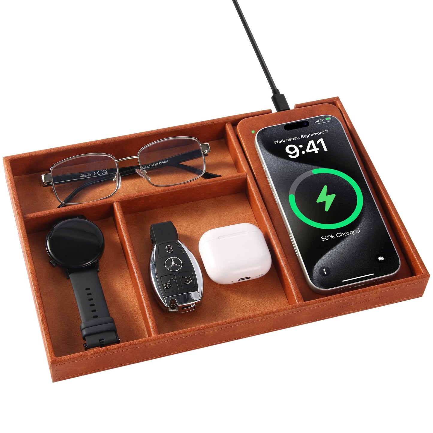 Valet Tray, Built in Wireless Charging Pad, Nightstand Organizer, Two-Toned Premium Vegan Leather Desk Bedside Caddy Organizer Tray for Keys, Watch, Wallet,Jewelry (Brown Patchwork)