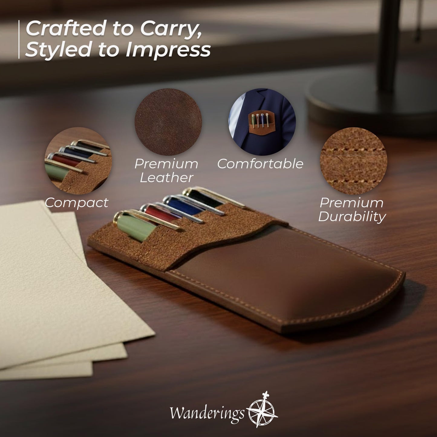 Wanderings Genuine Leather Pocket Protector - 3.5" x 6.25" - Handmade Leather Pen and Pencil Pocket Pouch Organizer for Office and Home - Pocket Pen Holder, Tool Pouch