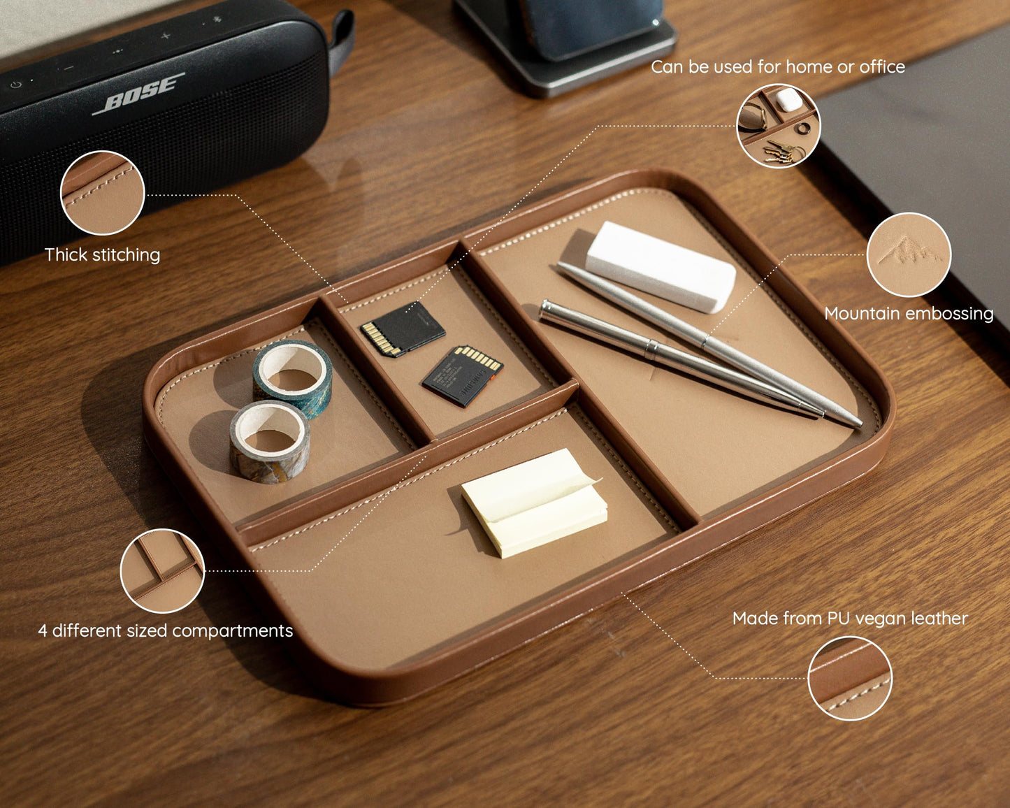 MUUJEE Leather Catchall Multitray (Design 1) - 11.65 x 7.75 x 0.8, Everyday Watch and Wallet Caddy Organizer with 4 Compartments, Accessory Glasses Phone Valet Dump Tray for Bedside Nightstand, Tan