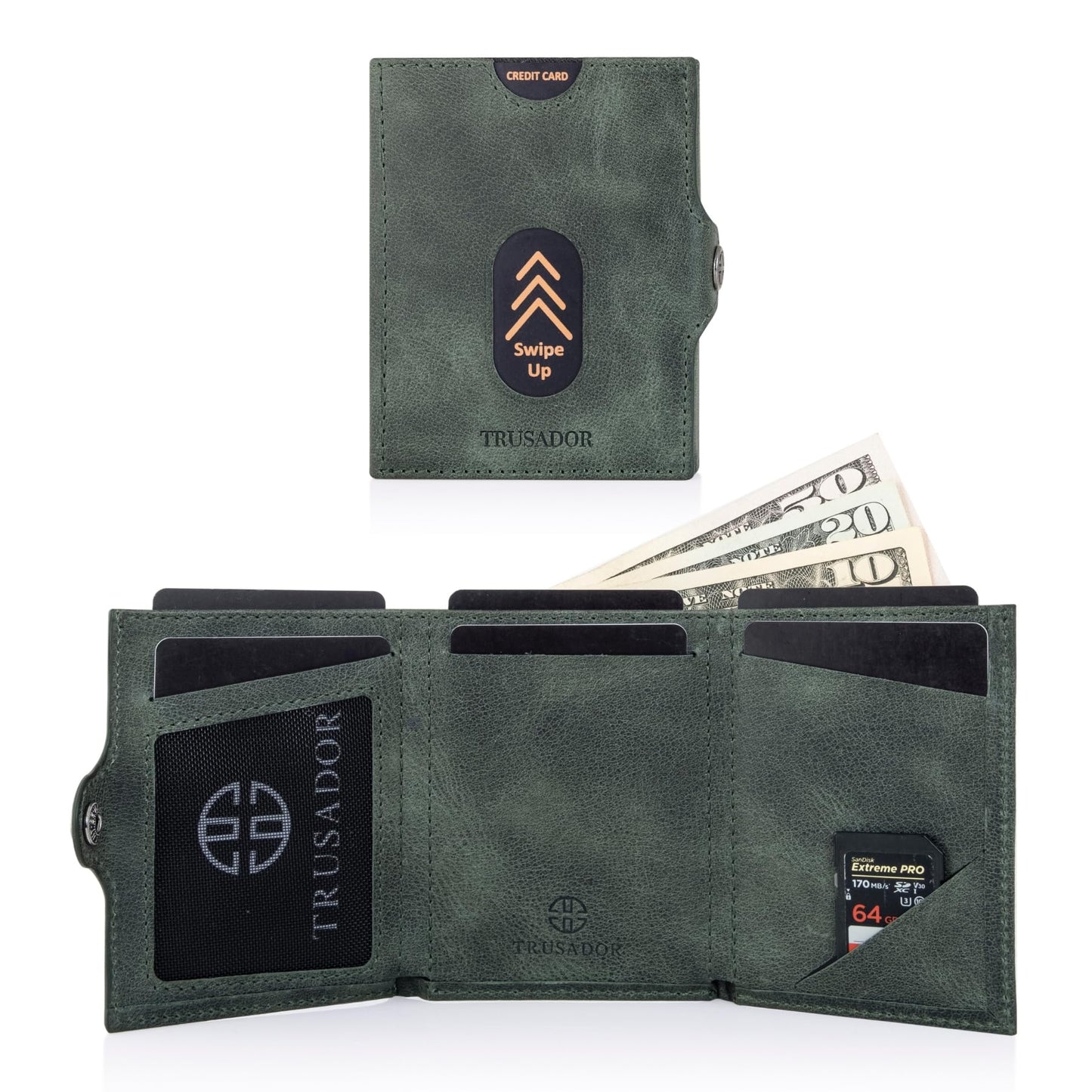 TRUSADOR Valencia Unisex Leather Wallet Small Compact Front Pocket RFID With Coin Pocket Wallets (With Coin Pocket, Green)