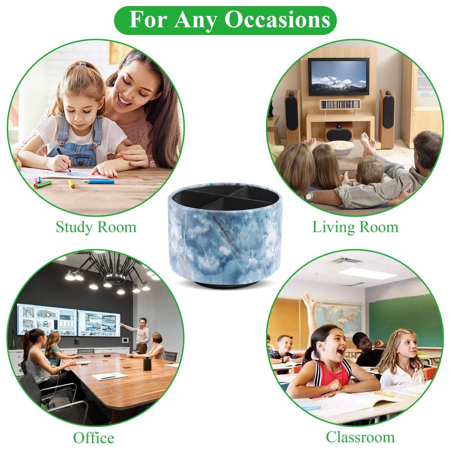 Haecsfl Round Leather Art Supply Organizer,Remote Control Holder,360-degree Rotating Pen Organizer with 4 Compartments(1-Marble Jade)