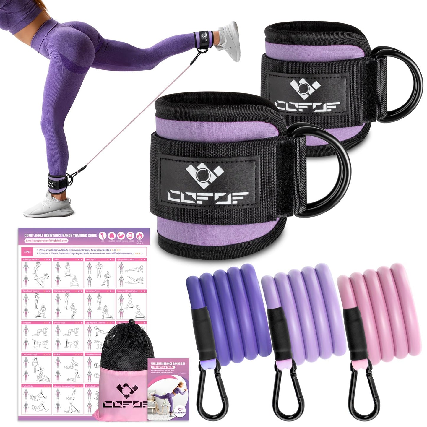 Ankle Resistance Bands With Cuffs for Working Out, Kickbacks, Hip, Leg and Glute Exercise - Training Poster Included - for Women