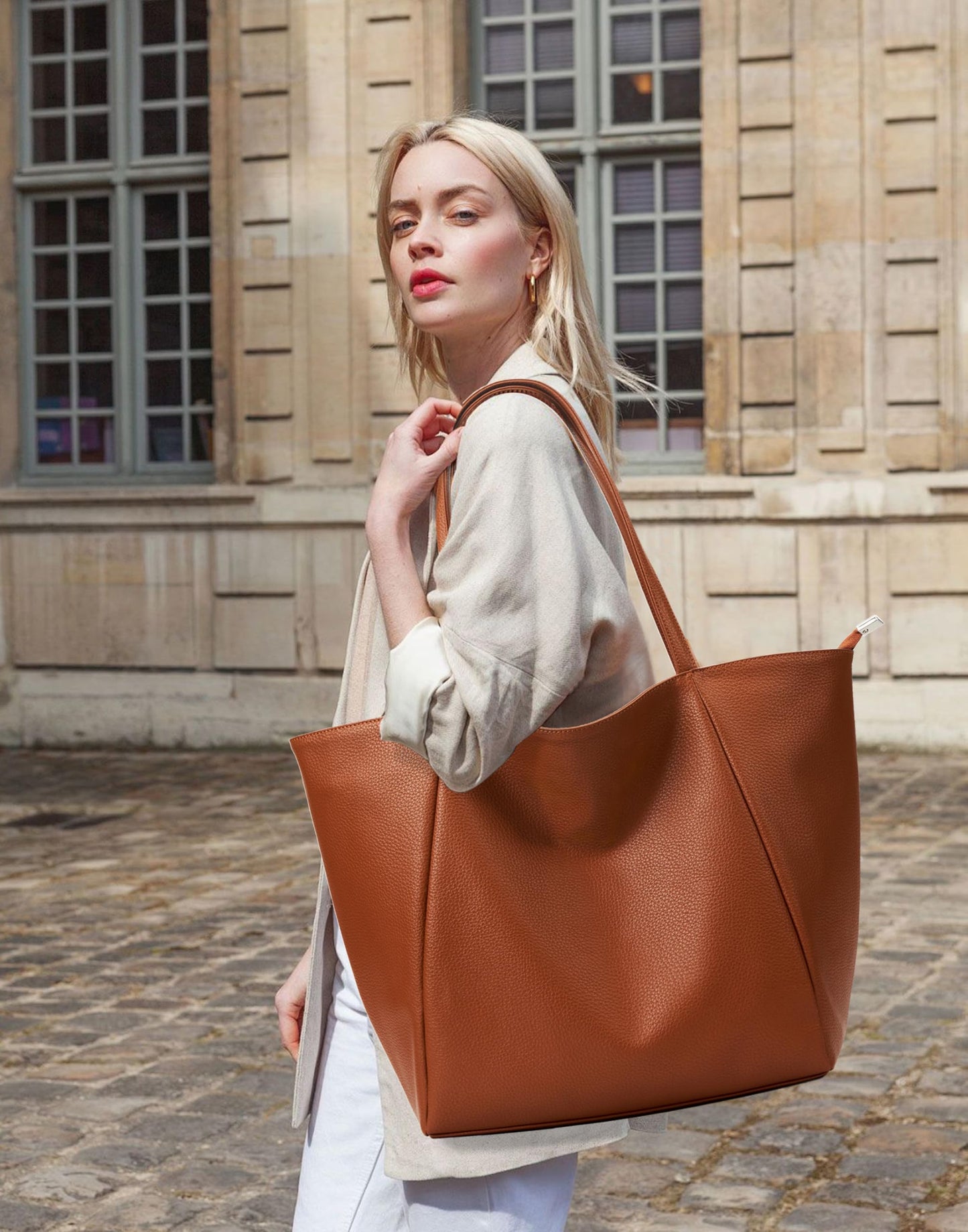 KALIDI Large Tote Bag Vegan Leather Casual Zipper Work Bag Weekender Hobo for Women 25L Oversize Shoulder Travel Purse