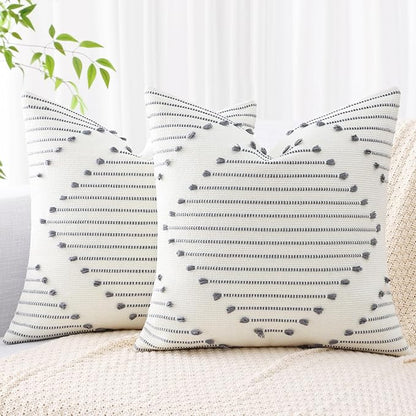 Mecatny Boho Outdoor Throw Pillow Covers 20X20 Set of 2, Farmhouse Decorative Pillow Covers for Couch Sofa Living Room, Grey & Cream White