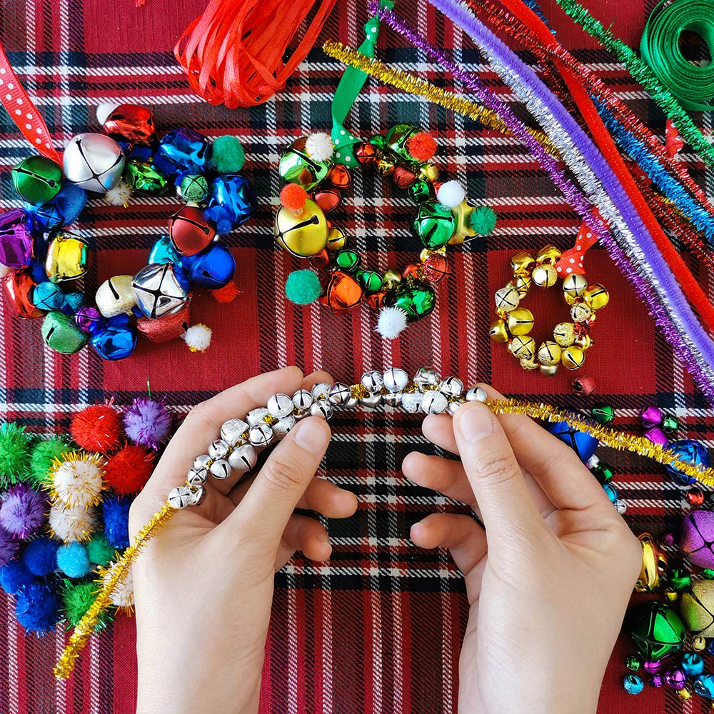 Winlyn 475 Set Christmas Jingle Bell Wreath Christmas Tree Ornaments Craft Kit Jingle Bell Metallic Chenille Stems Glitter Pom-Poms Ribbon Assortment for Kids Holiday Xmas Bracelets Necklaces Artwork