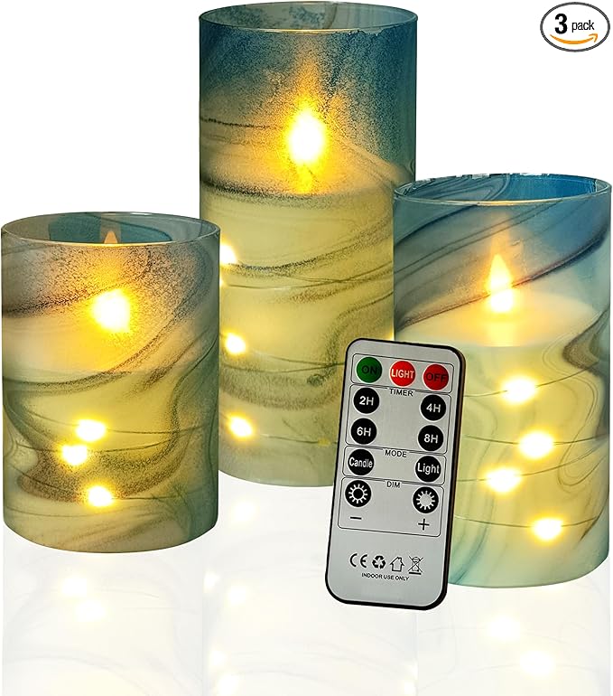 Flickering Flameless Candles Blue Water Ripple Print, Embedded Star String Lights, Battery Operated Acrylic LED Pillar Candles with 11-Key Remote and Timer for Home Decoration, 3 Pack