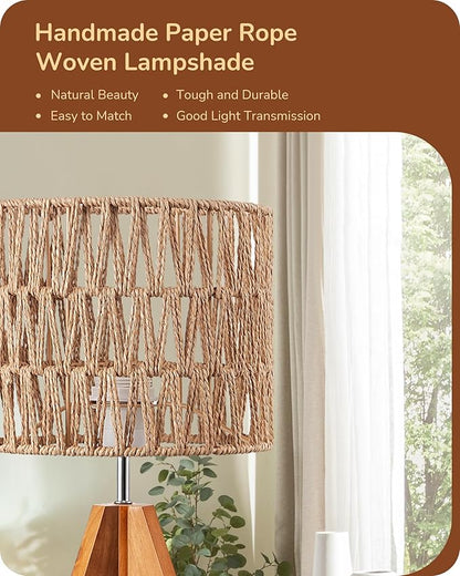 EDISHINE Small Table Lamp, Rattan Wood Tripod Bedside Lamp, Boho Nightstand Lamp for Living Room, End Table, Office, E26 Base, Natural Style