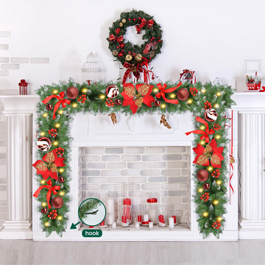 Battery Operated LED Christmas Garland with Timer, 9ft Waterproof Lighted Garland for Indoor Outdoor Decor, 30 Warm White Lights for Mantel, Stairs, Doorway, Window, Porch
