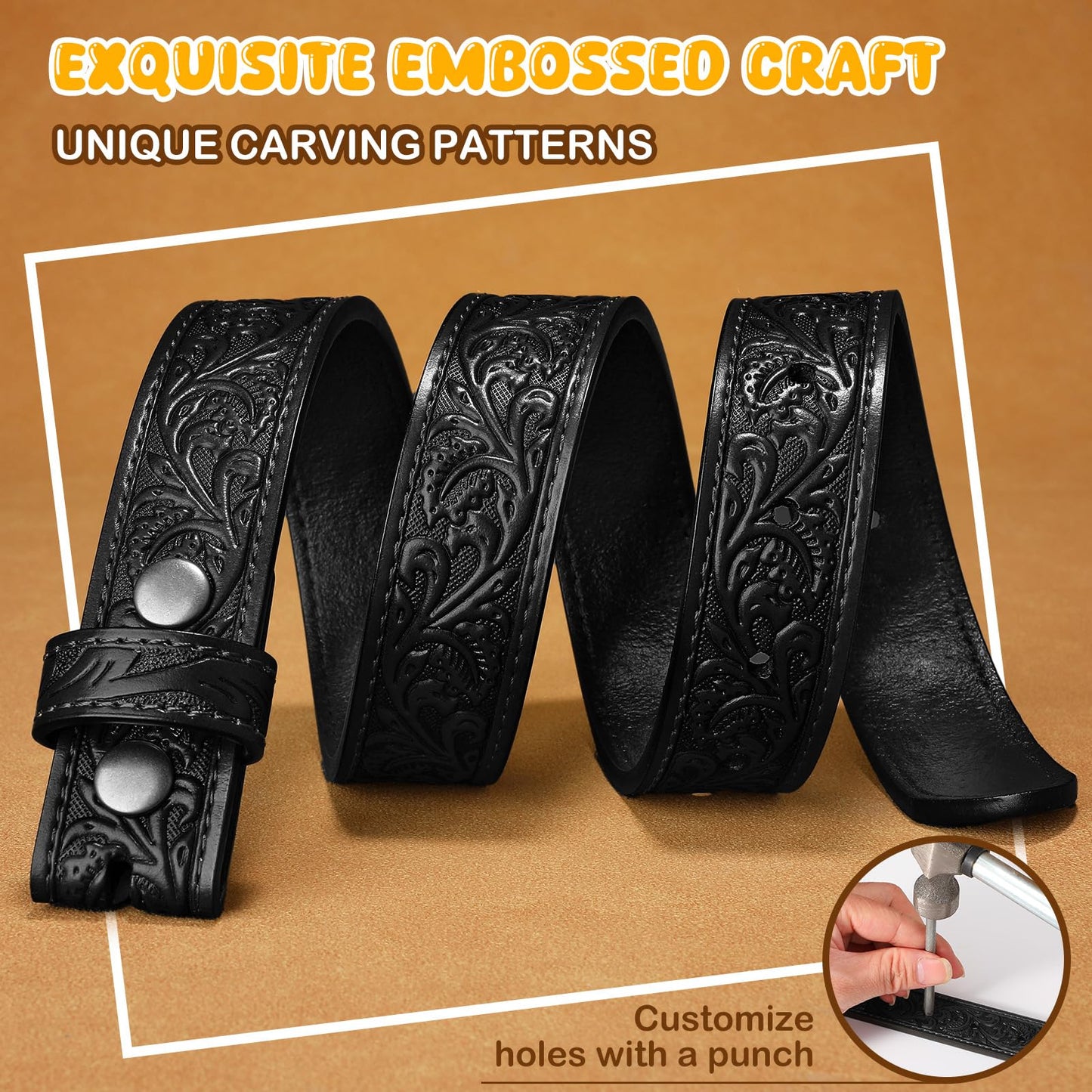 SANSTHS Kids Western Belt without Buckle Genuine Leather Boys Girls Belt Strap Cowgirl Cowboy Belts for Jeans Western Gifts, Embossed Leaf/Black