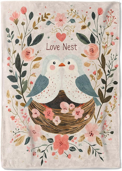 Bird Love Nest Fleece Blanket - 40x50in Cute Two Birds Flower Romantic Throw Blankets,Soft Cozy Lightweight, Ideal for Bed Living Room Home Whimsical Decor and Girls Women Gifts
