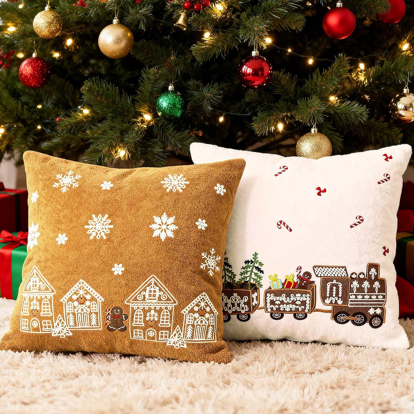 Lanpn 18x18 Christmas Pillow Covers Set of 2, Embroidery Gingerbread Man House Decorative Holiday Pillowcase Pillow Case Cushion 18 x 18 for Indoor Home Bedroom Sofa Couch Xmas Decor
