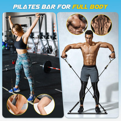 Pilates Bar Kit with Resistance Bands, Multifunctional Yoga Pilates Bar with Heavy-Duty Metal Adjustment Buckle, Portable Home Gym Pilates Resistance Bar Kit for Women Full Body Workouts