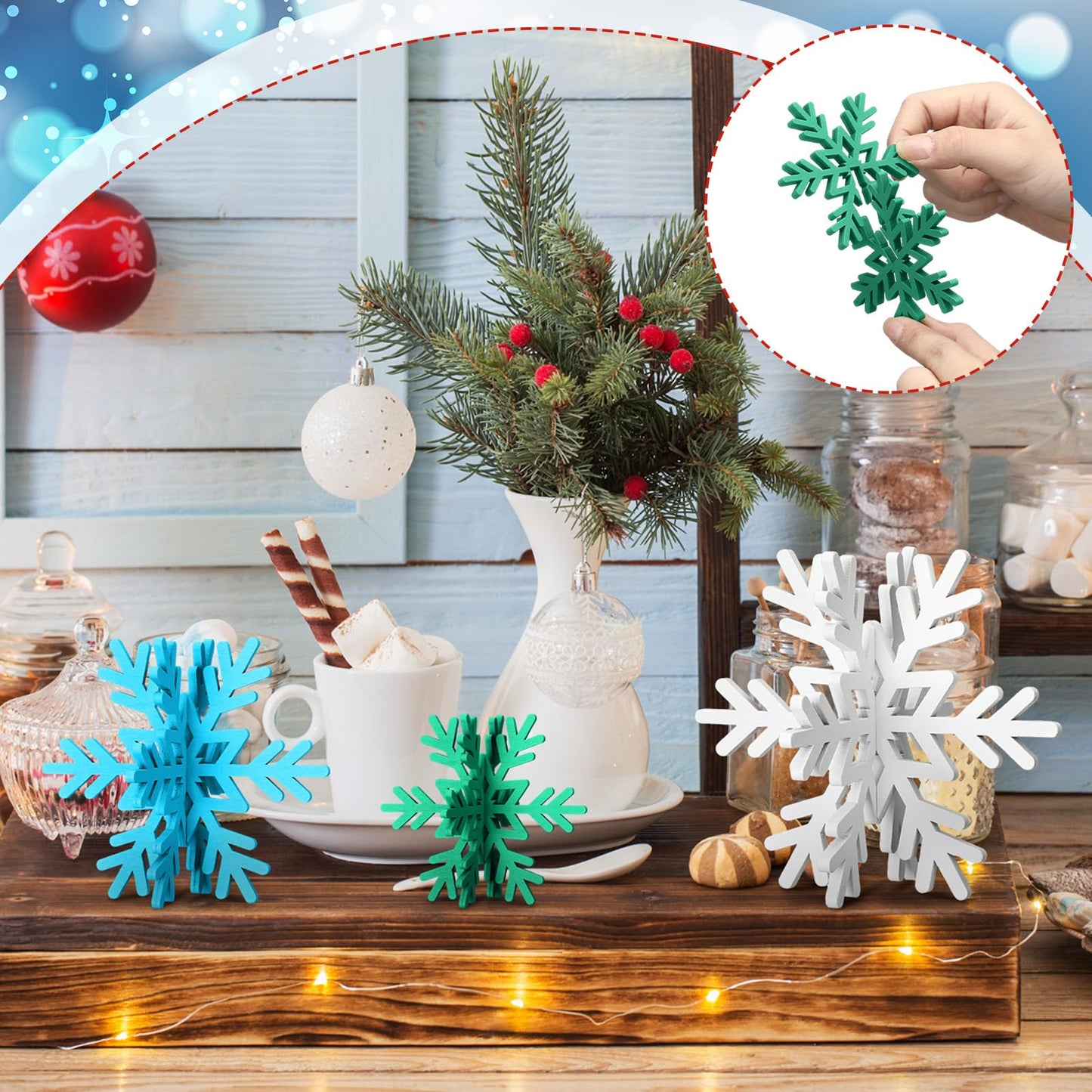 Bucherry 12 Pcs Wooden Snowflake Table Decor 3D Snowflake Tabletop Signs and Centerpiece for Frozen Party Christmas Xmas Winter Wonderland Decorations Home Office Mantel(White, Blue, Green)