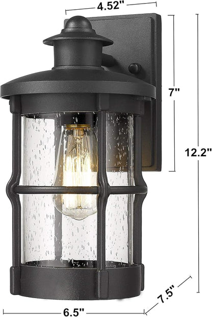 Outdoor Wall Sconces - Exterior Wall Mount Lighting Fixture in Black Finish with Seeded Glass (2 Pack)