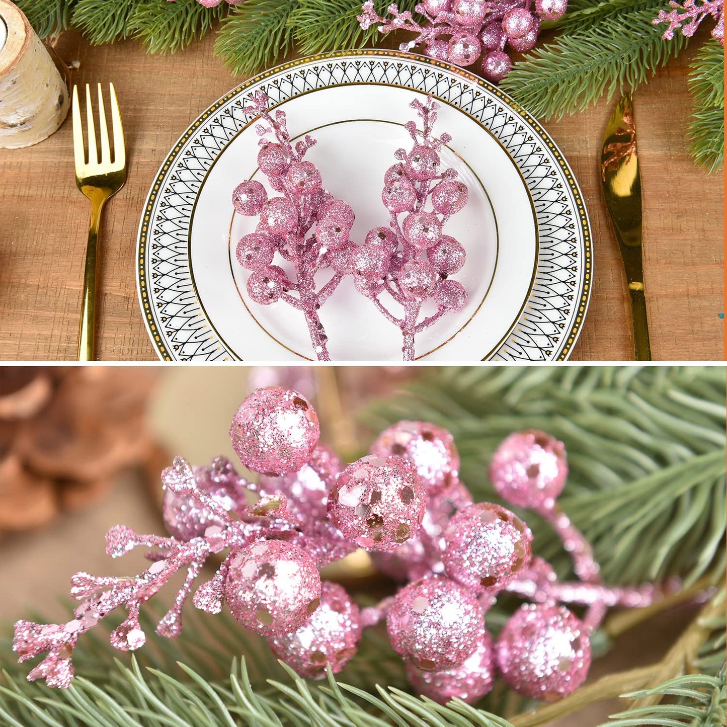 DearHouse 14 Pack Christmas Glitter Berries Stems, 7.8Inch Artificial Christmas Picks for Christmas Tree Ornaments, DIY Xmas Wreath, Crafts, Holiday and Home Decor (Pink)