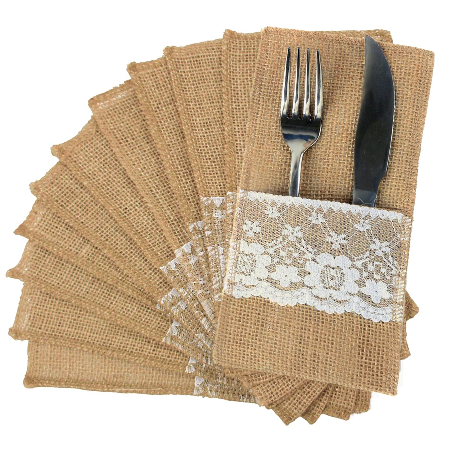 FQTANJU 50 PCS 4"x8" Burlap Lace Utensil Cutlery Holders Pouch Silverware Holder Knifes Forks Bags Burlap Napkin Bag for Rustic Wedding Party Decorations favors