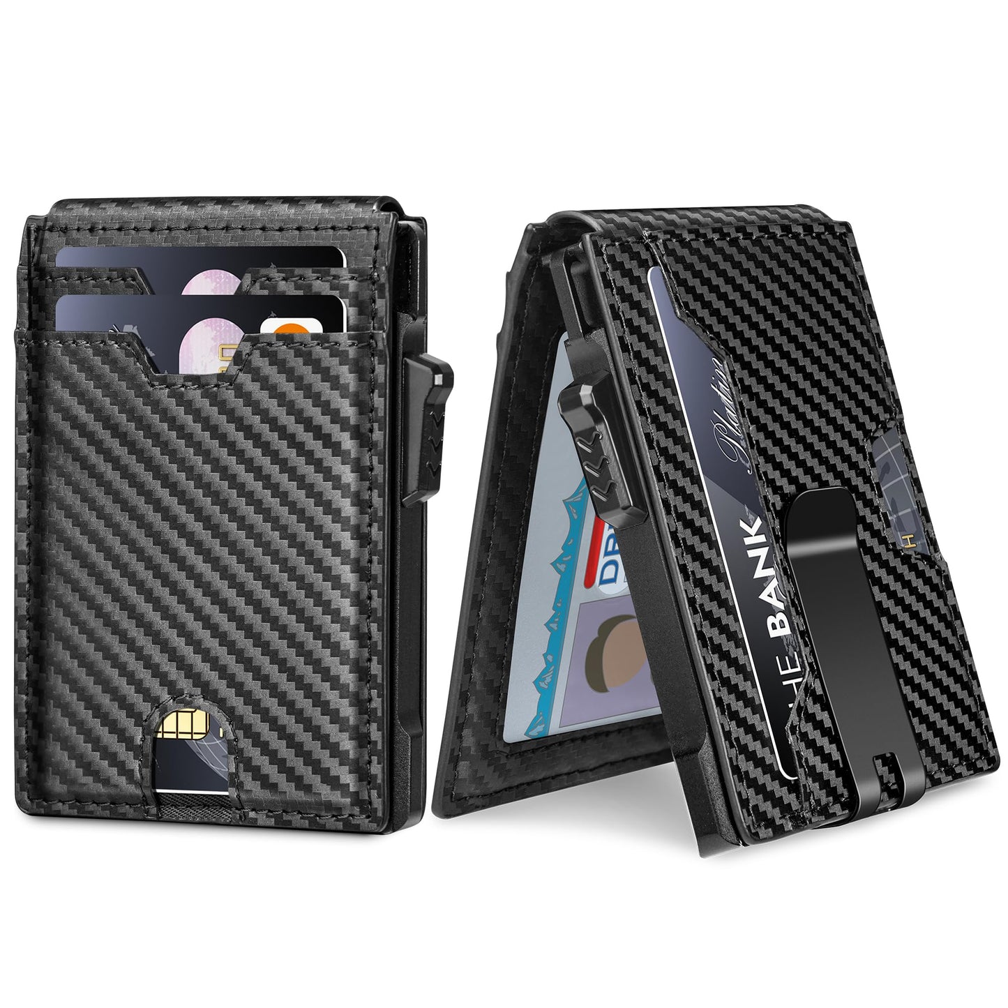 Vandz Minimalist Wallet for Men,Slim RFID Blocking Bifold Wallet Credit Card Holder Aluminum Pop-Up Card Case with Money Clip (Carbon Fiber Black)