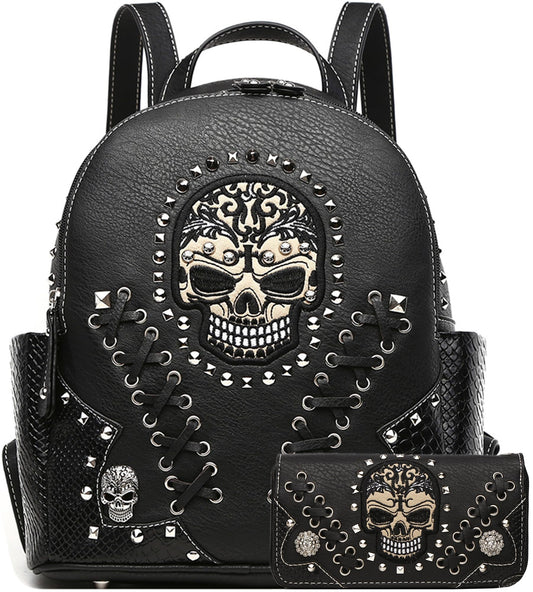 Cowgirl Trendy Sugar Skull Punk Art Rivet Stud Biker Purse Women Fashion Backpack Python Daypack Shoulder Bag Wallet Set (Black Set)