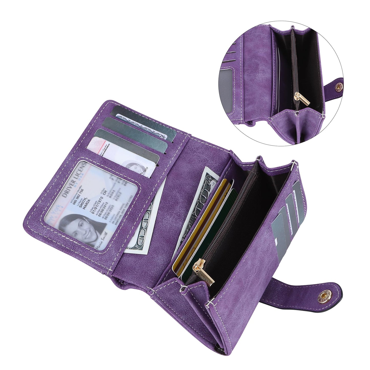 Cynure Women's Leather Bifold Credit Card Wallet Short Compact Wallet with Zipper Pocket, purple