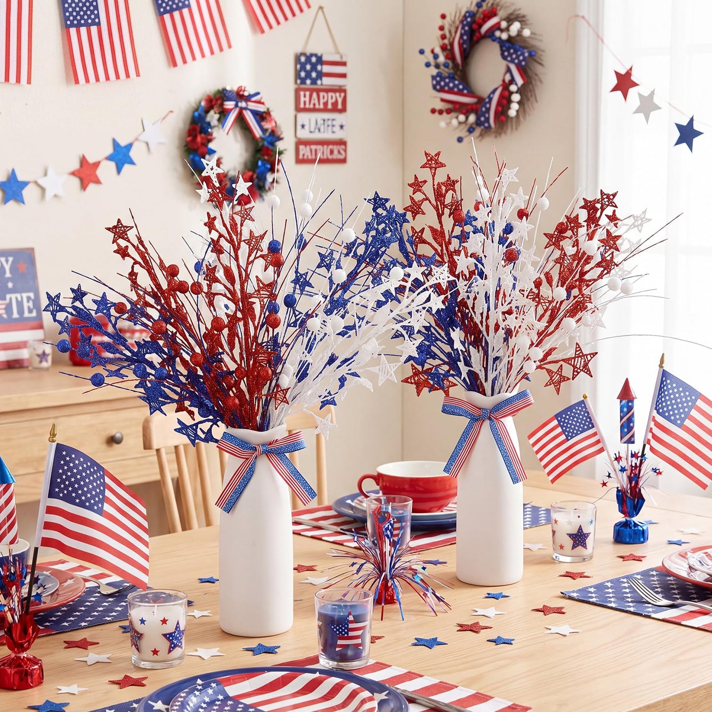 Weysat 4th of July Decorations 2 Sets Artificial Flowers and Vase Red Blue White Patriotic Flowers Memorial Day Floral Arrangement for 250th Anniversary Home Outdoor Table Decor(Star)