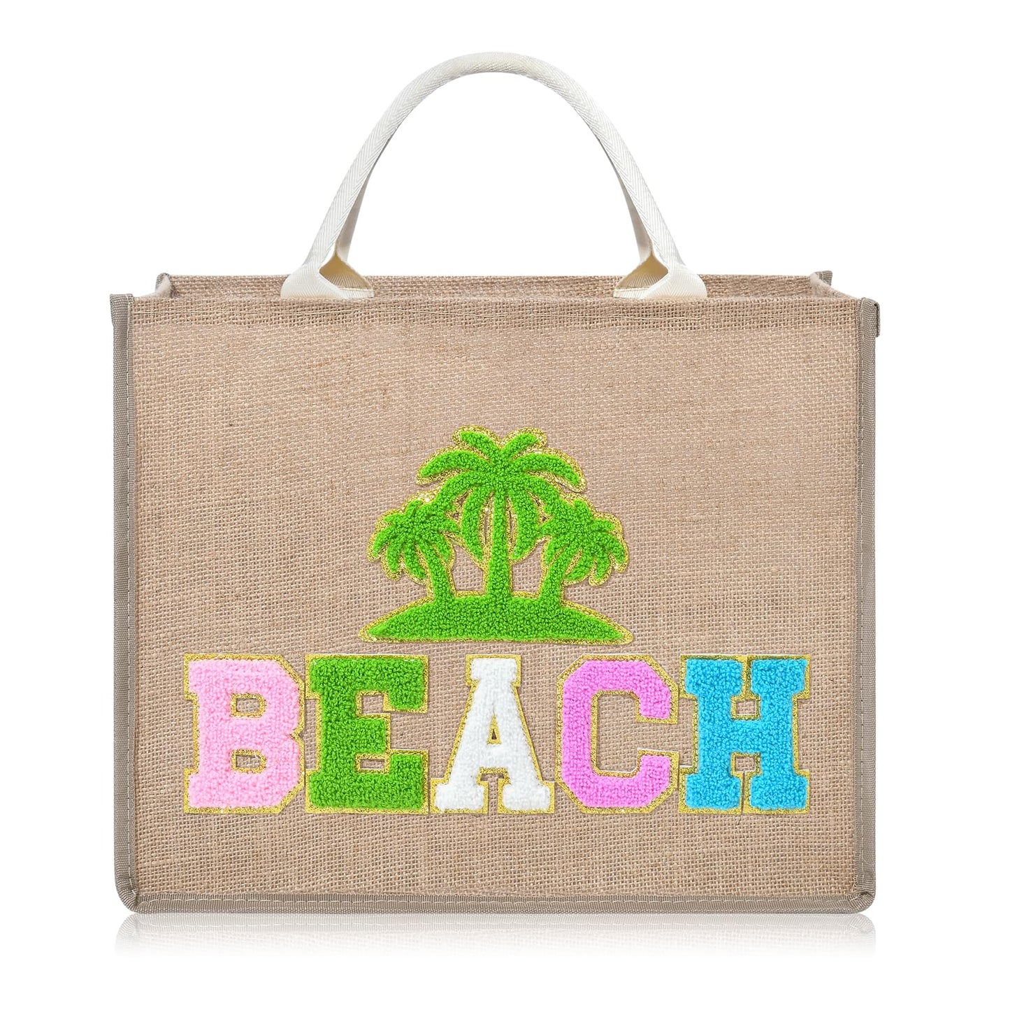 KUIRAN Beach Bag for Women, Large Woven Straw Beach Bag with Chenille Letter Patches and Water-resistant Lining, 22L Tote Handbag for Pool, Travel, Shopping, Summer Vacation, Bachelorette Gift - Green