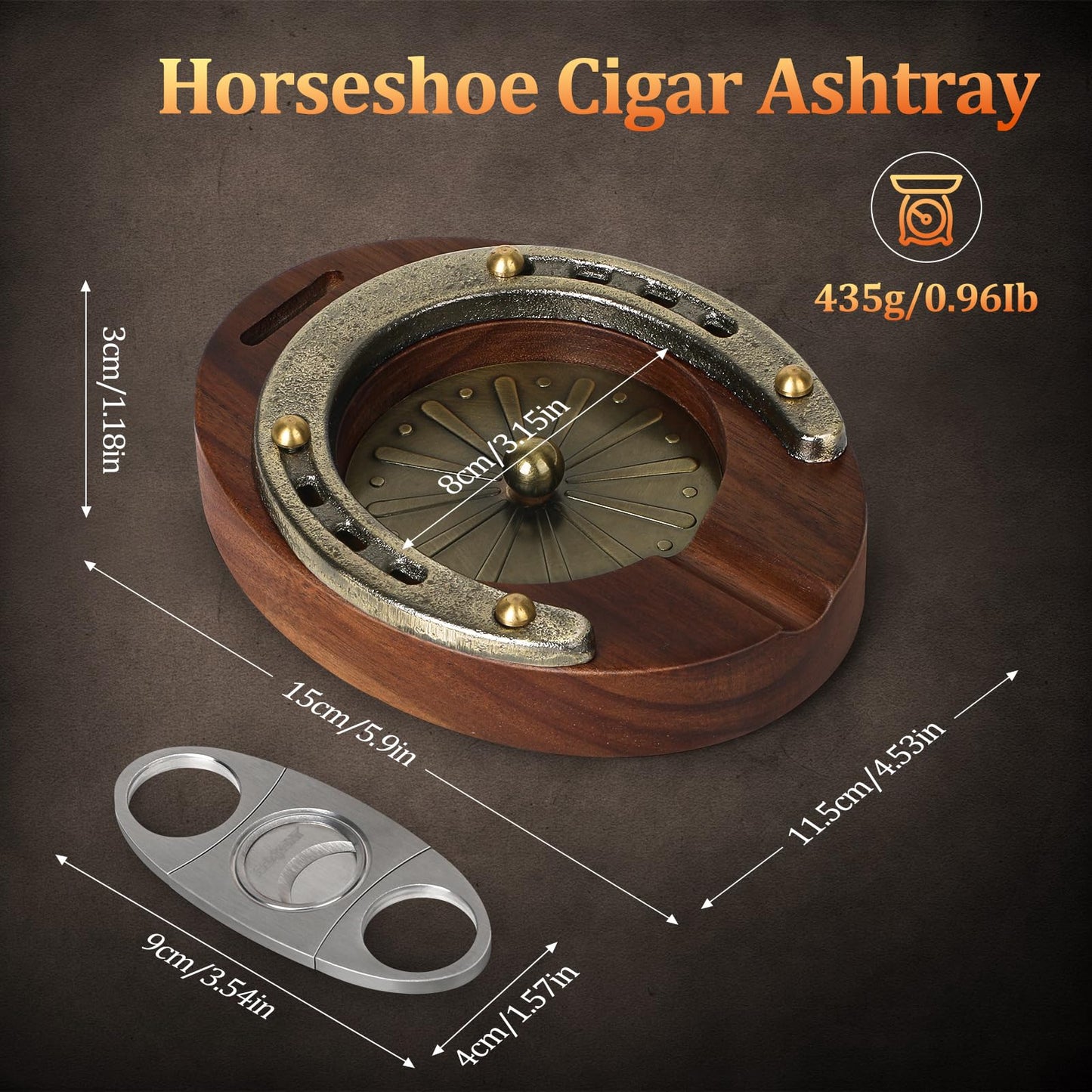 SEMKONT Cigar Ashtray, Horseshoe Wooden Portable Ashtray with Cutter, Zinc Alloy Anti-scald Gasket, Cigar Slot and Holder for home, office, bar and outdoor (Brown-Portable Ashtray)