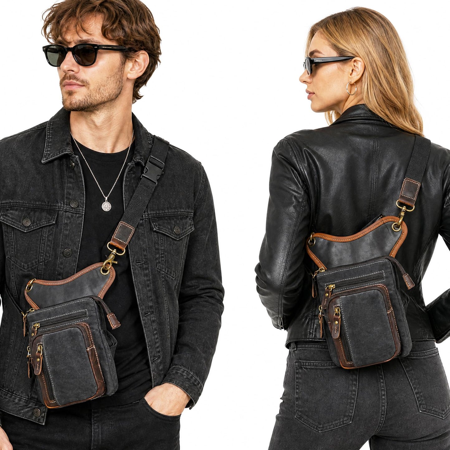 Handadsume Water Resistant Canvas + Leather Motorcycle Fanny Waist Pack One Shoulder Drop Leg Thigh Bag For Men Women FB211-6 (Z-211-11-Black)