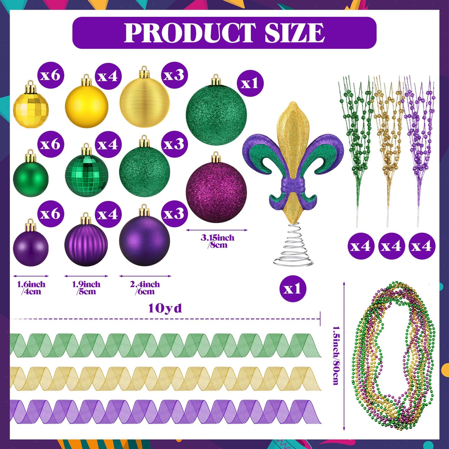 Vertintong 69 Pcs Mardi Gras Decorations Set Mardi Gras Tree Decor Bulk Purple Yellow Green Ball Ornament Fleur-de-lis Wired Berry Stems Beads Ribbon for Xmas Holiday Party Tree Ornaments
