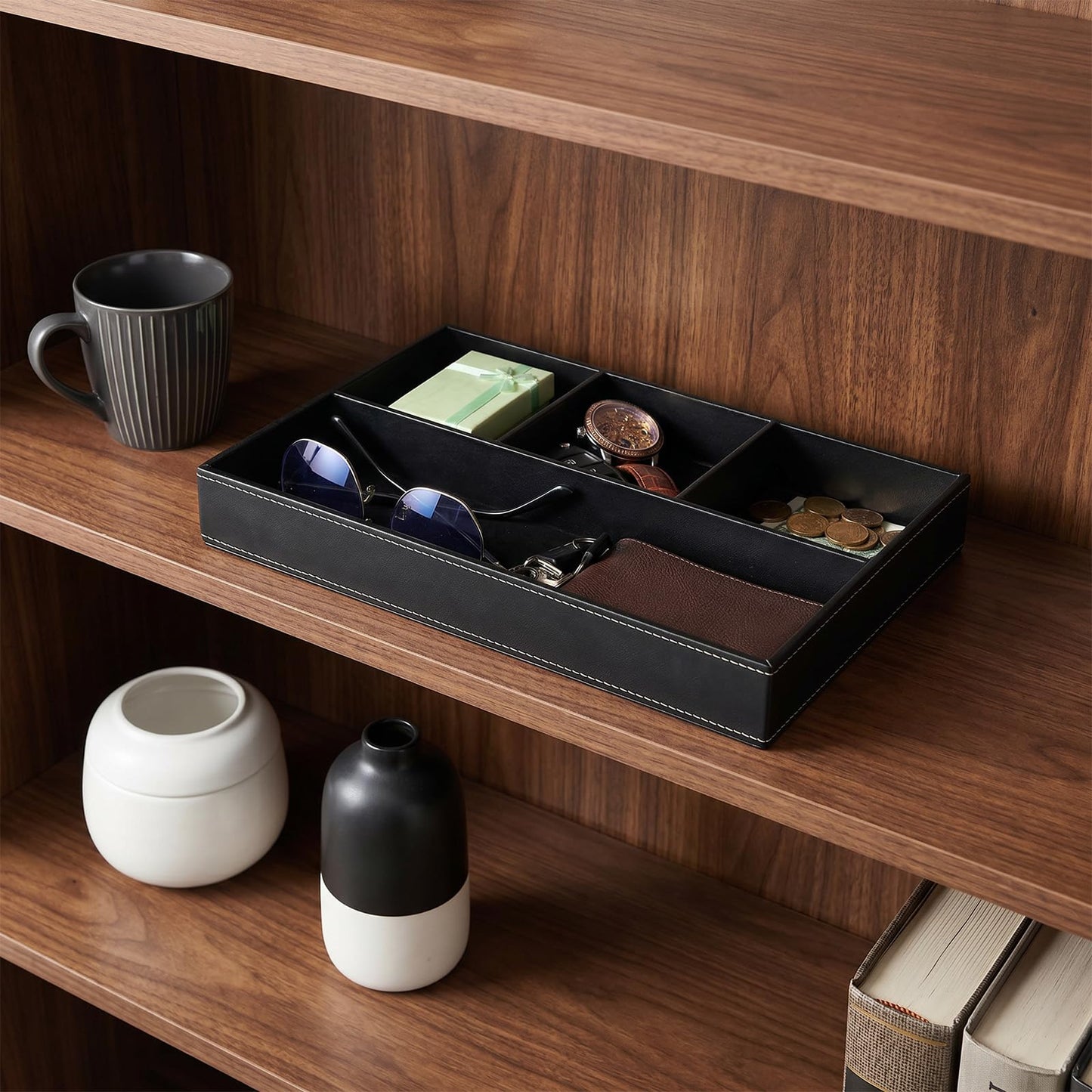Afcabakila 2 Pieces Leather Valet Tray Nightstand Drawer Organizer Stackable Jewelry Organizer For Drawer Key Wallet Sunglass Watch Coin Phone Bedside Dresser Top Tray Black