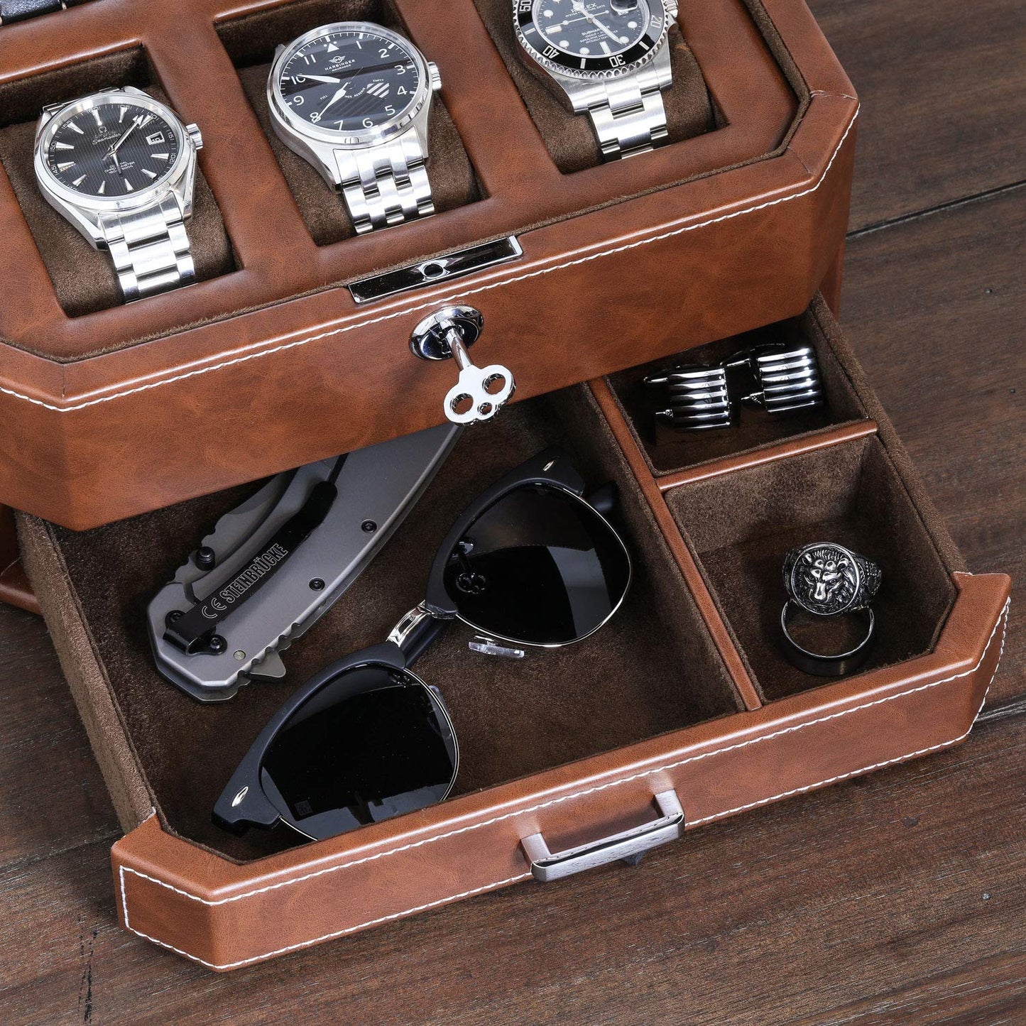 ROTHWELL 6 Slot Leather Watch Box with Valet Drawer - Luxury Case Display Organizer, Microsuede Liner, Locking Mens Jewelry Watches Holder, Men's Watch Storage Large Glass Top (Tan/Brown)