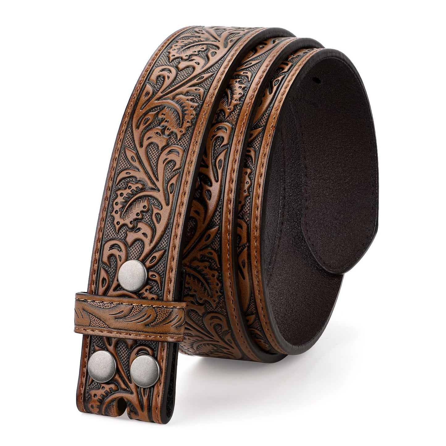TRIWORKS Western Belt Strap for Men without Buckle 1.5" Wide Floral Engraved Embossed Leather Belt Strap