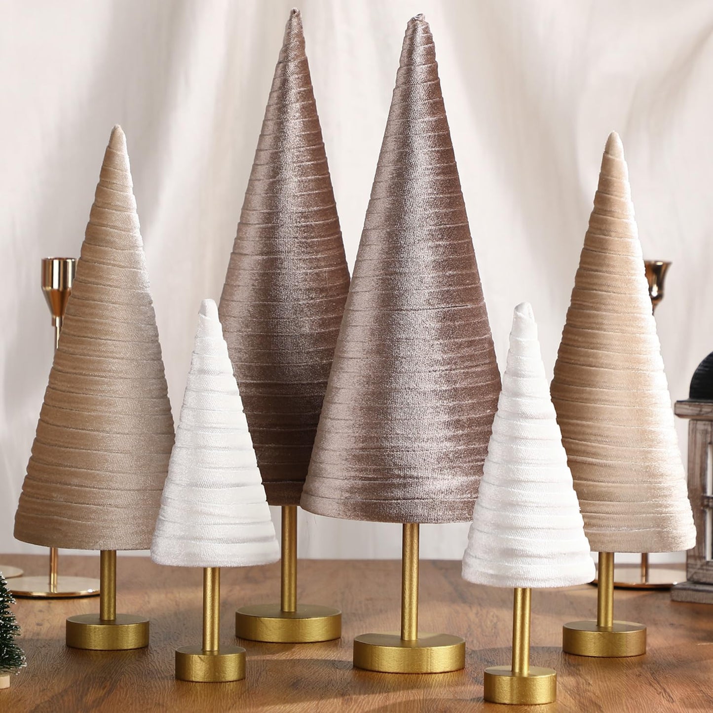 Hoolerry 6 Pcs Christmas Velvet Trees with Gold Pedestal Christmas Velvet Cones Tree Mantel Decor Modern Rustic Winter Home Minimalist for Holiday Entryway Table Wedding Centerpiece(Gold Brown)