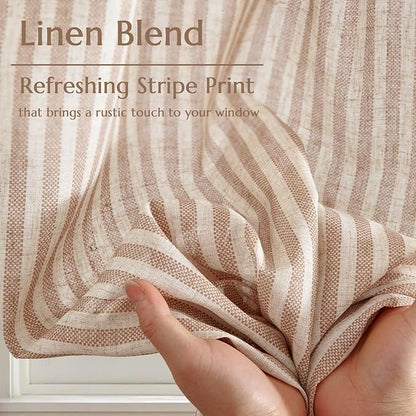 jinchan Striped Linen Kitchen Curtains 30 Inches Length Tier Curtains Farmhouse Modern Cafe Style Small Window Treatments Airy Light Filtering Rod Pocket for Living Room Bathroom 2 Panels Tan