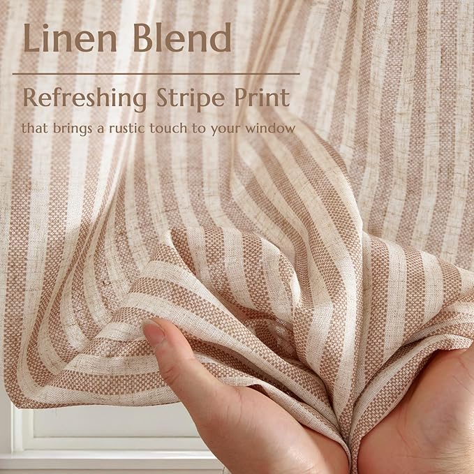 jinchan Striped Linen Kitchen Curtains 45 Inches Length Tier Curtains Farmhouse Modern Cafe Style Small Window Treatments Airy Light Filtering Rod Pocket for Living Room Bathroom 2 Panels Tan