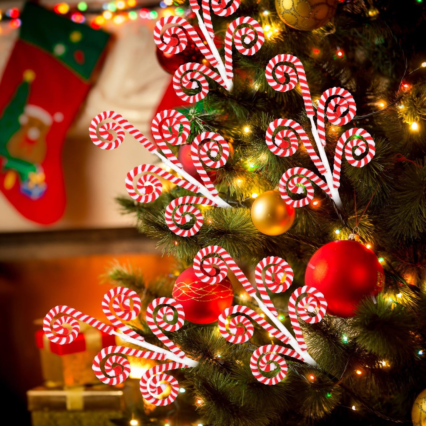 Gerrii 12 Pcs Red and White Candy Cane Christmas Decoration 16" Tree Pick Peppermint Christmas Ornament Xmas Tree Topper Woolen Curly Lollipop Pick Spray for Holiday Party Vase Wreath Garland